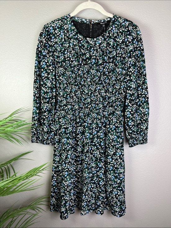 Madewell Dresses & Skirts - Madewell Black Midi Dress with Blue, Green & White Floral Print Smocked 6